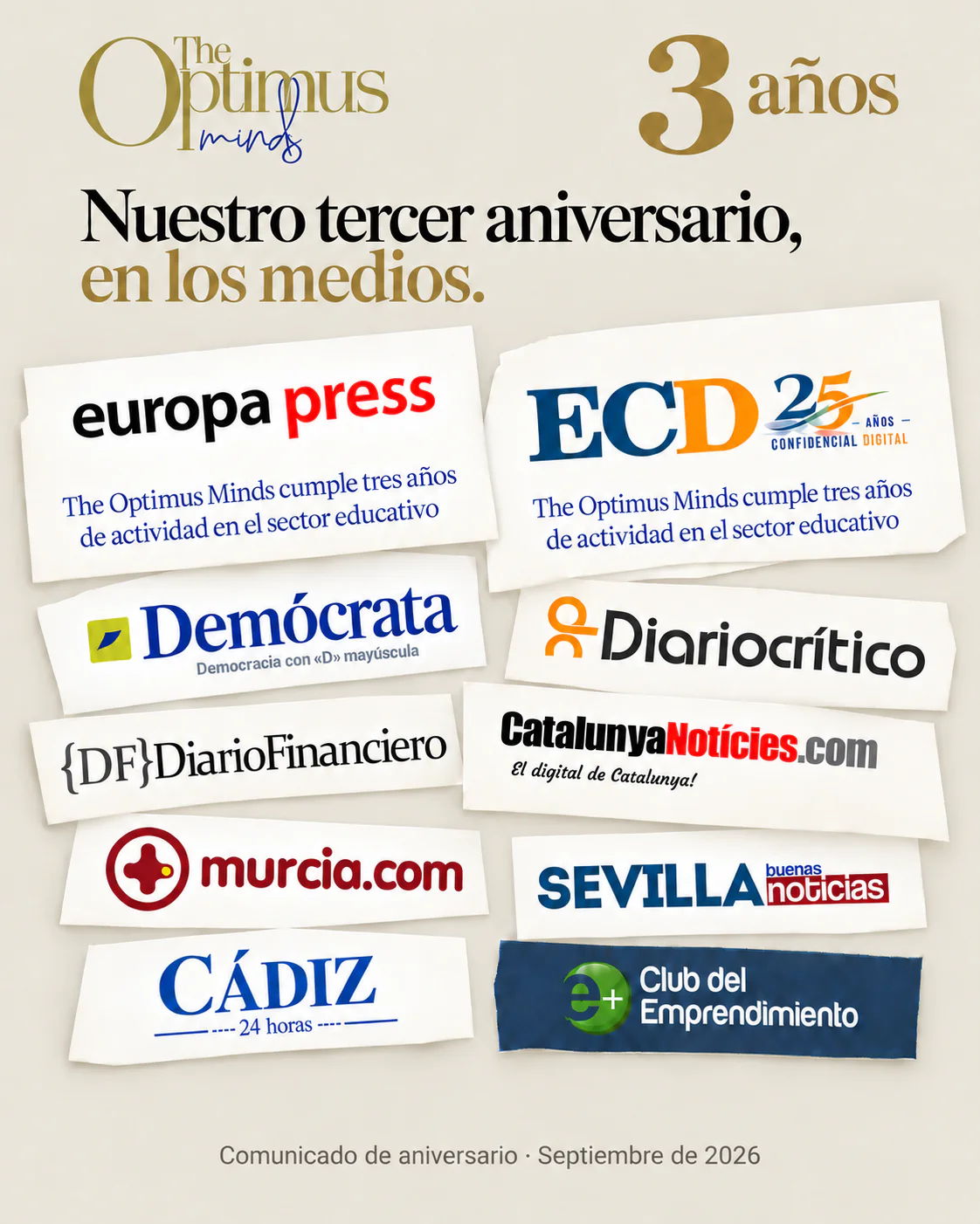 Collage del tercer aniversario de The Optimus Minds con los logotipos de publicaciones donde apareció el comunicado
